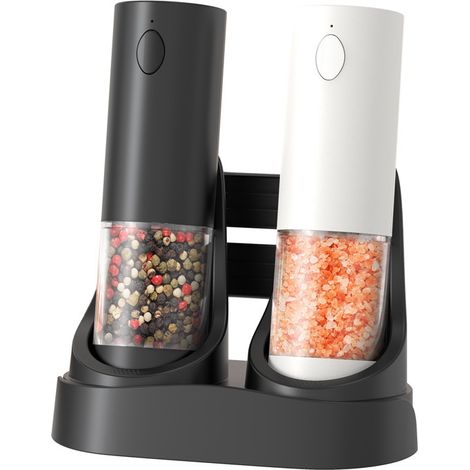 Set macinapepe elettrico, macinaspezie con doppia base di ricarica, facile da trasportare, contenitore da 95 ml, macinatura regolabile (esternamente), nero