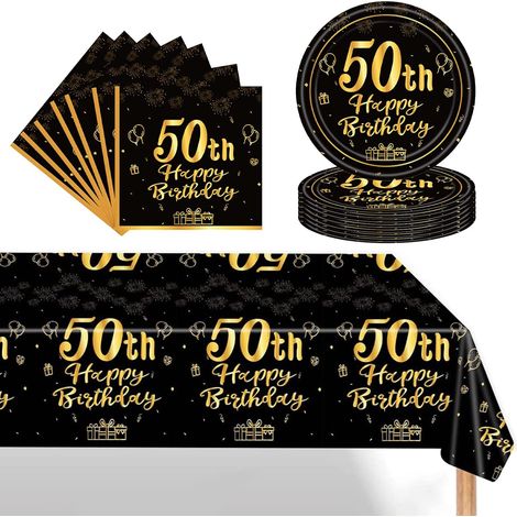 37 Pièces Assiette Vaisselle Jetable Anniversaire Kit,Noir Or Decoration Anniversaire Vaisselle 50 Ans Garçon Fille,Nappe Papier Assiette Serviette pour Decoration Anniversaire 50 Ans Cadeau (1/5)