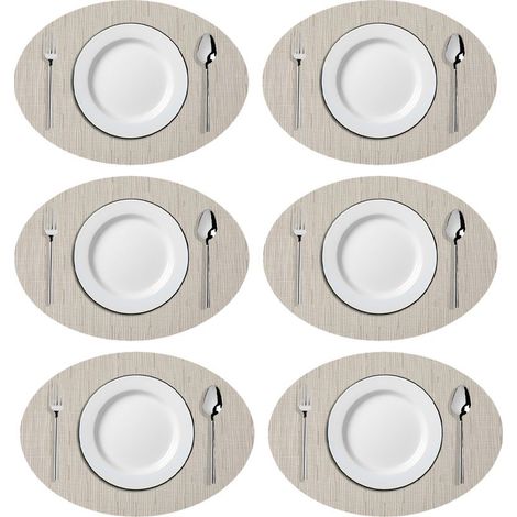 Sets de table ovales en vinyle tissé imitation bambou, résistants à la chaleur et lavables, pour table de cuisine (beige) (1/5)