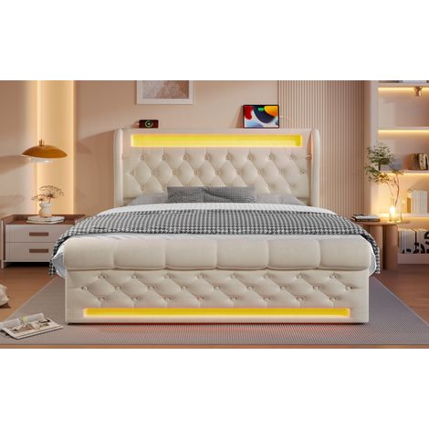 Cama con almacenamiento tapizada en terciopelo beige 140x200 cm con LED, USB y Type-C, somier hidráulico y colchón incluido (1/5)