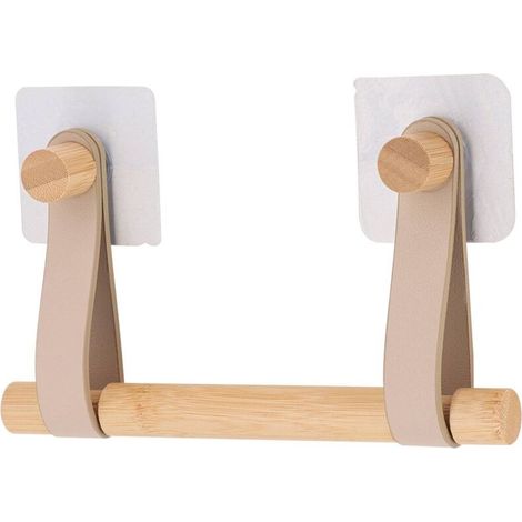 Derouleur papier wc bambou + lanieres simili cuir sur sticker - beige bambou -