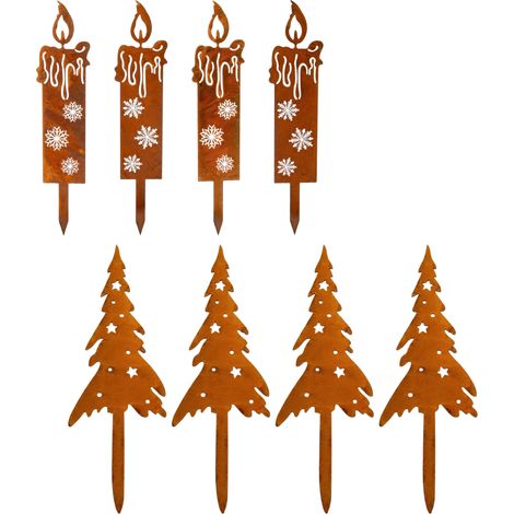 Gartenstecker Tannenbaum und Kerze mit Edelrost 8er Set - 4x 28 cm 4x 24 cm - Weihnachts Pflanzenstecker aus Metall mit Rost Patina