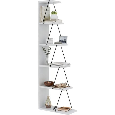 Dmora - Libreria Mizar, Scaffale da ufficio, Mobile portalibri, Biblioteca, 50x22h150 cm, Bianco e Nero, con imballo rinforzato, con imballo rinforzato