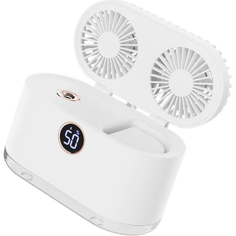 Ventilateur humidificateur 2 en 1 compact, rechargeable par USB, à double pale, portable et puissant, idéal pour le bureau ou la chambre (blanc). (1/5)