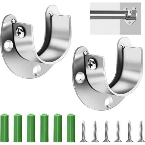 Lot de 2 supports de tube rond de 25 mm - En forme de U - En acier inoxydable 304 - Réglable - Avec 6 vis - Pour tringle à rideau, support de tringle à bride de 22 à 26 mm