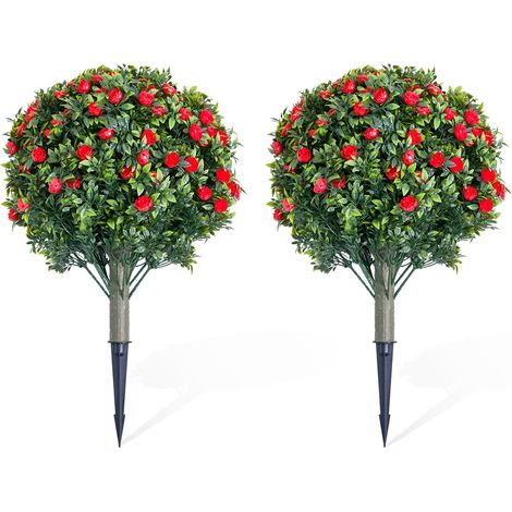 Arbre topiaire artificiel à fleurs cramoisis – Boule florale réaliste en PE, tige métallique – Plante décorative facile d'entretien pour intérieur/extérieurérieur – Lot de 2 (1/5)
