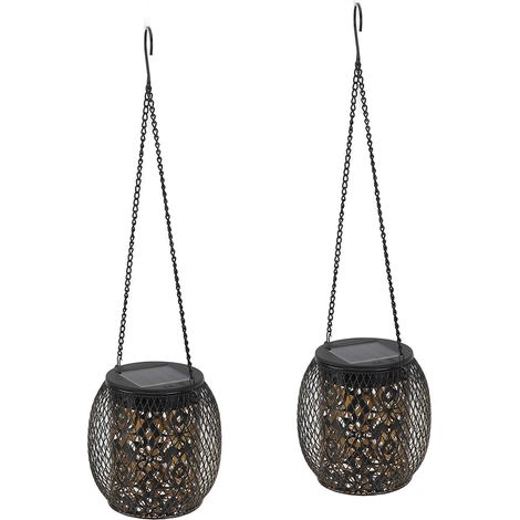 Lot de 2 lanternes solaires suspendues d'extérieur, étanches IP65, en fer forgé, pour décoration de jardin, terrasse, cour ou pelouse. (1/5)