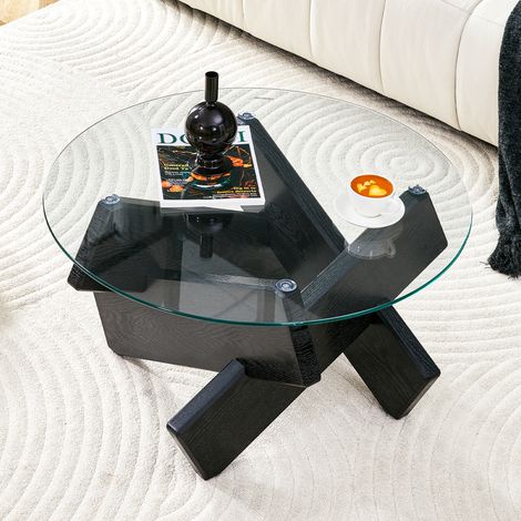 DESMIU Table basse ronde avec plateau en verre trempé et base en croix, pour salon, en MDF et verre, noir et transparent, Ø 79 cm × 45 cm (1/5)