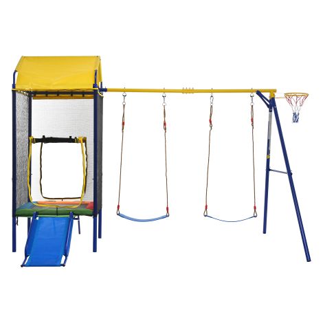 Portique 4-en-1 : trampoline, double balançoire, toboggan, panier basket