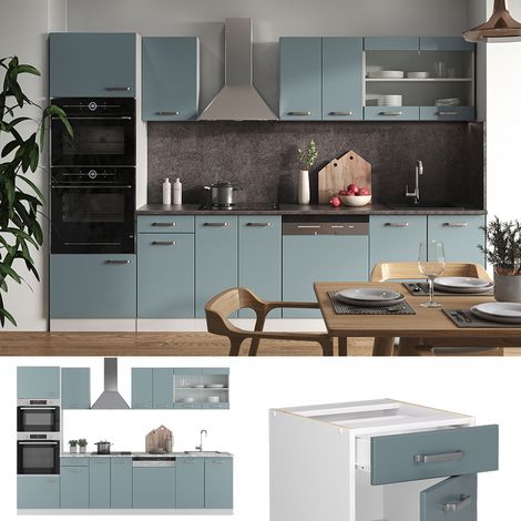 Küchenzeile R-Line, Blau-Grau, 300 cm mit Hochschrank, AP Marmor, Vicco