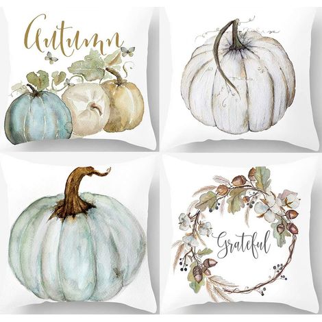 Ensemble de 4 housses de coussin, motif citrouille, 45x45 cm, fermeture éclair invisible, décoration automne (1/5)