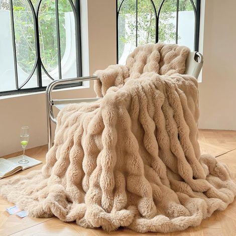 Couverture en fausse fourrure de lapin Sherpa de luxe, réversible, chaude et confortable, pour lit, canapé, décoration d'intérieur (café, 100 x 150 cm)