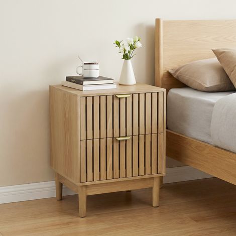 Table de chevet avec 2 tiroirs, design lattes en bois, 45x39x56.5 cm (1/5)