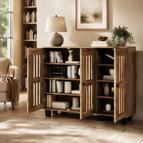 Mobile contenitore 120 x 32 x 92 cm, 3 ante, 8 scomparti, effetto legno naturale, DESVIAE (1/5)