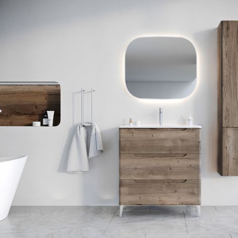 Mueble de baño 80 cm 3 cajones Roble Oscuro - Lavabo de Cerámica Blanca