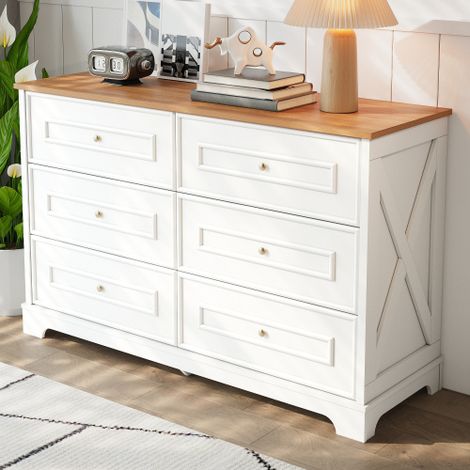 Buffet blanc 120 cm avec 6 tiroirs, plateau en bois naturel clair, motif champêtre rétro, pour salon ou entrée, 120x40x76 cm (1/5)