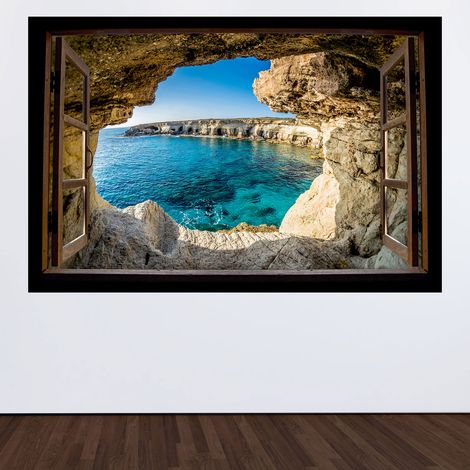 Stickers Trompe l'oeil fenêtre en bois - Vue mer - 60 x 90 cm (1/3)