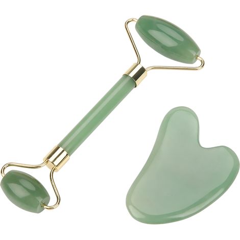 Kit d'outils de massage du visage en pierre de jade aventurine verte naturelle à double tête et plaque de grattage (1/5)