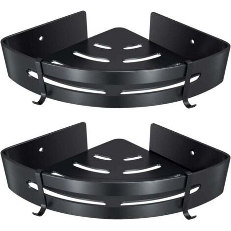BUNTHAUS Eckregal fürs Badezimmer, Duschregal ohne Bohren, selbstklebender Duschkorb aus Aluminium für Shampoo, Seife, Handtuch, mit Haken (Dreieckig, Schwarz, 2 Stück)