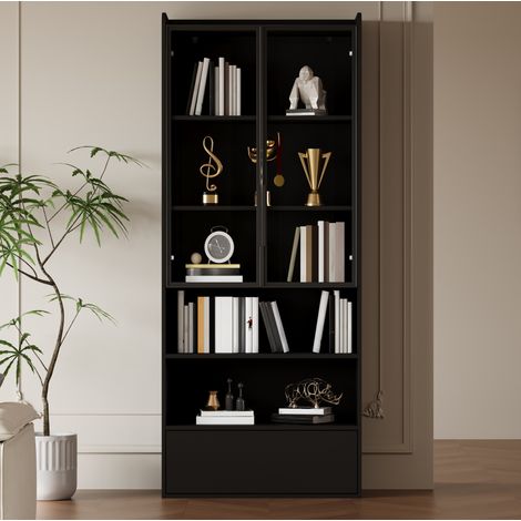 Vitrine mit LED und Schublade 80x34x180 cm Schwarz OKMYHOME (1/5)