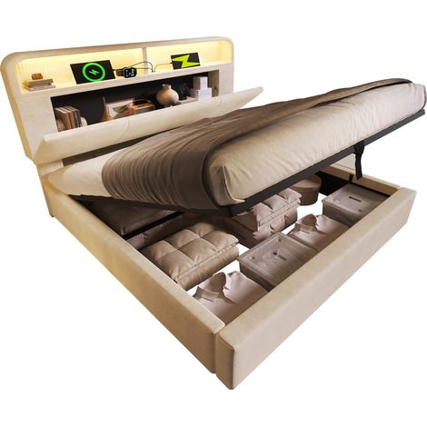 Lit coffre 2 places 140x200 cm en velours beige avec tête de lit réglable, LED, recharge USB/Type-C et rangement hydraulique, sans matelas – CHICFURN (1/5)