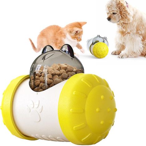 Balle distributrice de nourriture pour chats et chiens - Jouet distributeur de croquettes à alimentation lente pour animaux de petite et moyenne taille, coloris jaune et blanc (1/5)