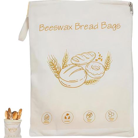 Sac à pain en cire d'abeille avec fermeture éclair, grand sac de conservation réutilisable en coton pour le pain et les légumes, résistant à l'eau et à l'huile, 43 x 33 cm (1/5)