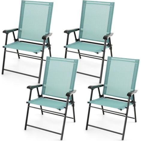 Lot de 4 fauteuils de jardin pliants verts, haut dossier en textilène respirant, système de verrouillage sécurité, cadre métallique anticorrosion pour camping, terrasse et balcon (1/5)