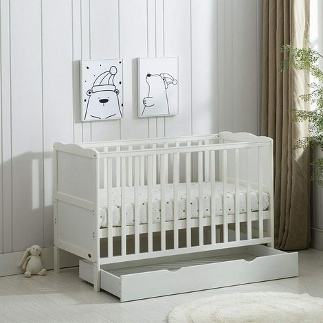 Wooden Baby Cot Bed & Drawer & Aloe Vera Mattress (Orlando with Drawer) WHITE (1/5)