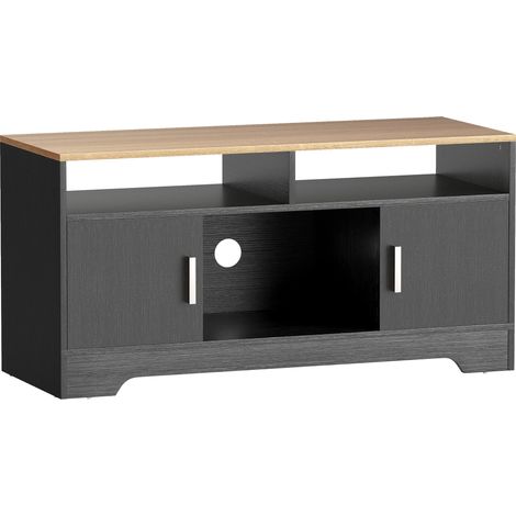 Meuble TV/banquette en bois avec 2 étagères, 2 placards à portes et un compartiment ouvert, 105 x 40 x 52 cm, aspect bois noir (1/5)