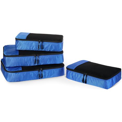 Ensemble de quatre sacs organisateurs de voyage, sac organisateur de bagages, double fermeture éclair, dessus en filet, matériau polyester, bleu (modèle de base original Amazon). (1/5)