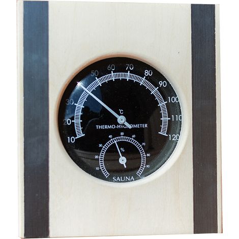 Thermomètre hygromètre bois avec cadre inox – Affichage T° et humidité – Accessoire d’étuve pour sauna (1/4)