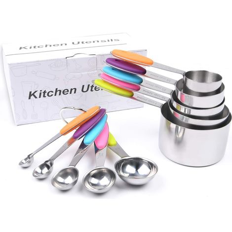 Tasses et cuillères à mesurer en acier inoxydable, ensemble de table de conversion de cuisine 10 pièces avec poignée en silicone et anneau de reliure, ensemble de cuillères à mesurer pour ingrédients (1/2)