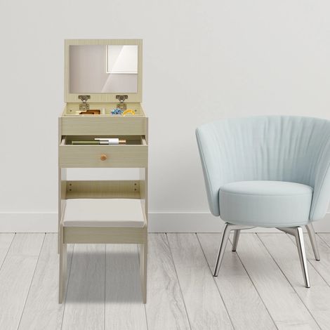 Flip-Cover-Kosmetiktisch, Mini-Kosmetiktisch mit Schublade und Hocker, kompakter, platzsparender Bettschrank, 40 37,5 72cm (1/5)