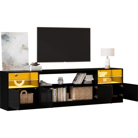 Meuble TV LED noir brillant avec 4 portes, 8 rangements, étagères en verre et gestion des câbles, pour TV 50 à 75 pouces, design moderne salon  CHICFURN (1/5)