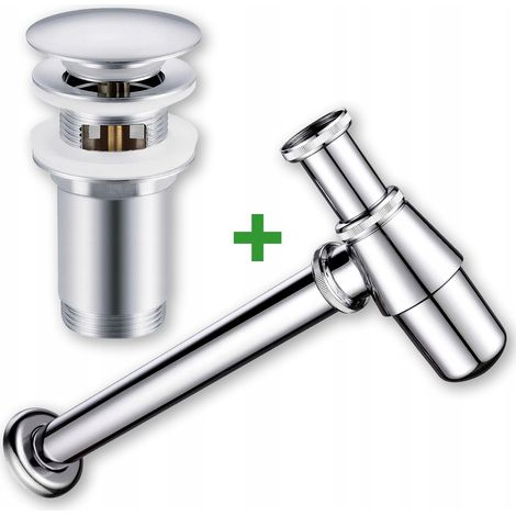 Set: tappo a scatto argentato con troppopieno + sifone per lavabo (1/5)