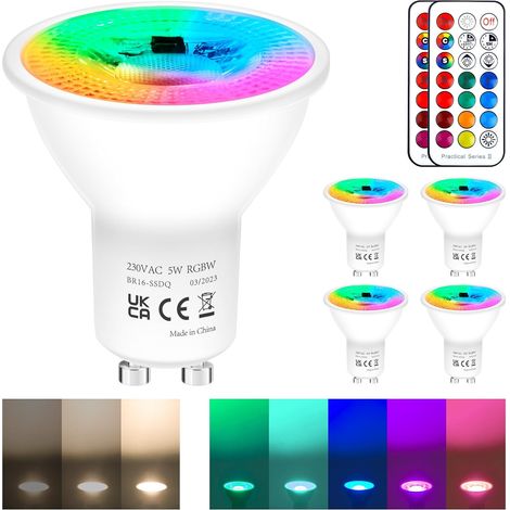 Ampoule RGB GU10 LED Couleur, 5W équivalent 50W 450lm, Blanc Chaud LED GU10 Dimmable, Ampoule GU10 Telecommande, Spot Lot de 4 (1/5)