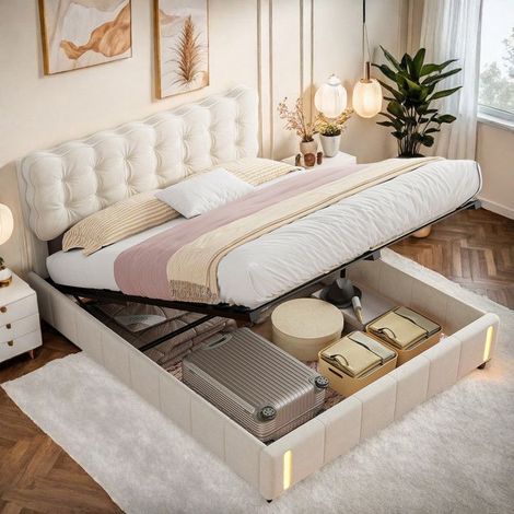 Bett 160x200 cm - Beige Samt - Hydraulischer Stauraum - Integrierte LED - modernes Design