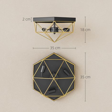Plafonnier géométrique de style industriel avec 3 douilles E27 pour ampoules LED, noir et or (1/5)