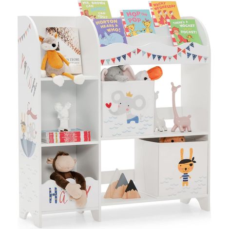 COSTWAY Armadio per Bambini, Scaffale di Legno con 3 Livelli e 5 Scompartimenti, 2 Cassetti in Tessuto e 3 Spazi per Giocattoli e Libri, Scaffale Verticale per Bambini, Bianco (Pirata Animale) (1/5)