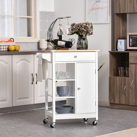 HOMCOM Küchenwagen, Beistellwagen mit Rollen, 1 Schublade, 1 Schrank, 3 offene Regalfächer für Esszimmer, 66 x 39,5 x 86,5 cm, Weiß