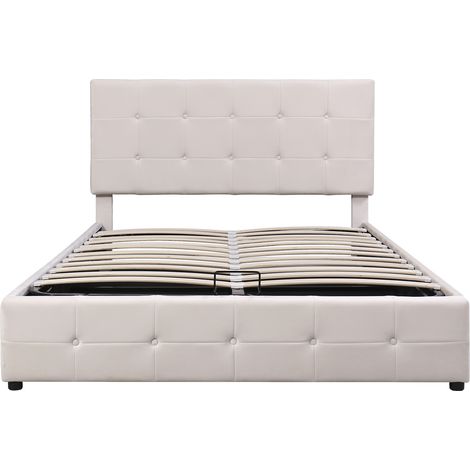 Lit coffre 140x200 hydraulique velours crème tête de lit réglable (1/5)