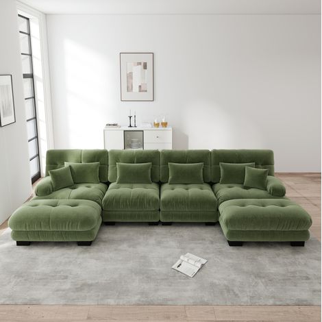 Divano modulare in ciniglia verde con ottomane mobili (1/5)