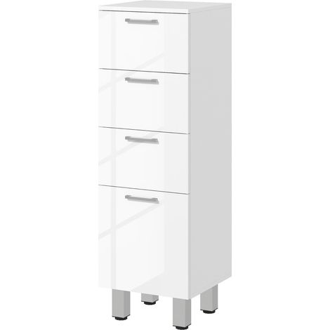 Mueble de baño estrecho blanco de madera con 4 cajones y estante regulable 30 x 30 x 93 cm (1/5)