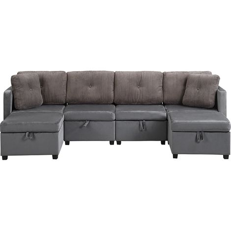 Sofá modular de 6 módulos en U con almacenamiento, terciopelo y cordón, gris (1/5)