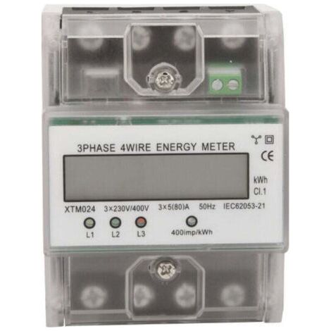 Compteur d'energie triphase a 4 fils 220/380V 5-80A Consommation d'energie kWh Compteur Installation sur rail DIN Compteur electrique numerique avec ecran LCD retro-eclaire, modele: Transpare (1/5)