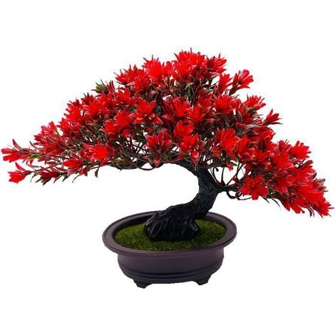 Bonsaï artificiel de pin en pot de 30 cm, plante décorative verte et rouge, idéale pour la maison et le bureau, sans entretien. (1/5)