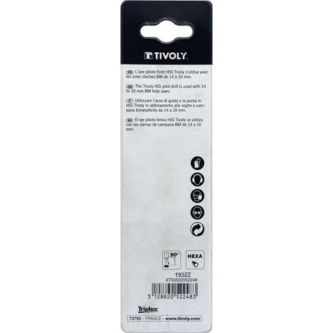 Tivoly • Albero pilota bimetallico • Punta di centraggio HSS • Per seghe a tazza bimetalliche HSS da Ø14mm a Ø30mm • Gambo esagonale