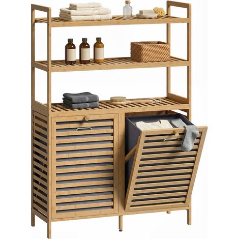 Mobile Porta Biancheria Doppio Inclinabile, Bambù, 2 Cesti, 3 Ripiani, Colore Rovere