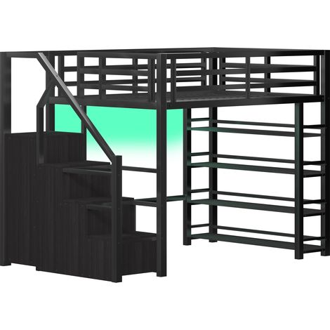 Lit mezzanine 140x200 en MDF et métal noir avec étagères, armoire, escalier et LED (1/5)